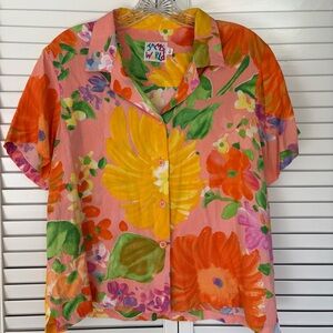 VINTAGE Jams World Coral Garden Blouse LARGE Hawaiian Floral Aloha Button Up